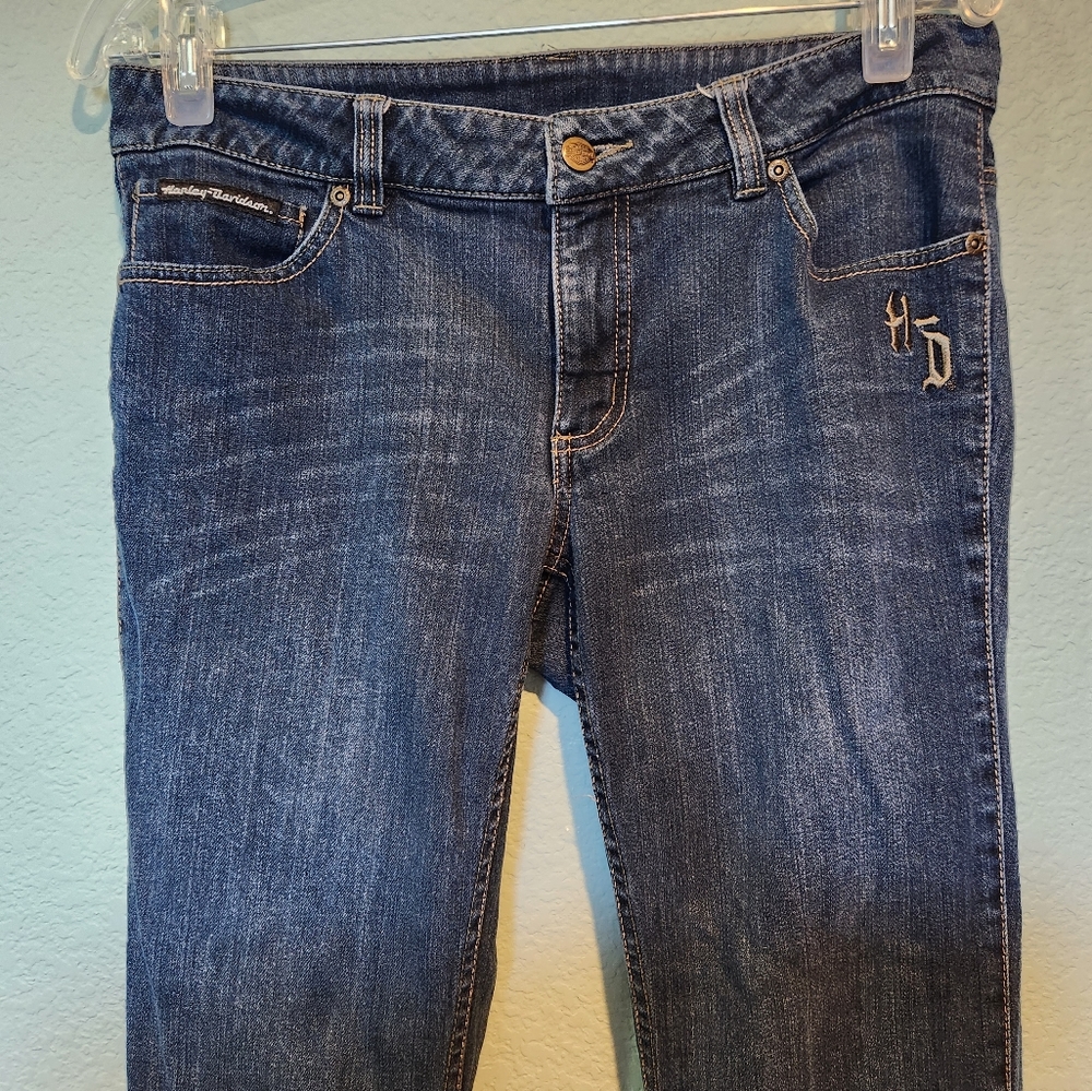 Harley Davidson Womens Boot Cut Jeans Med Dark Wash Biker Wings 6 Long Blue EUC - Picture 2 of 7
